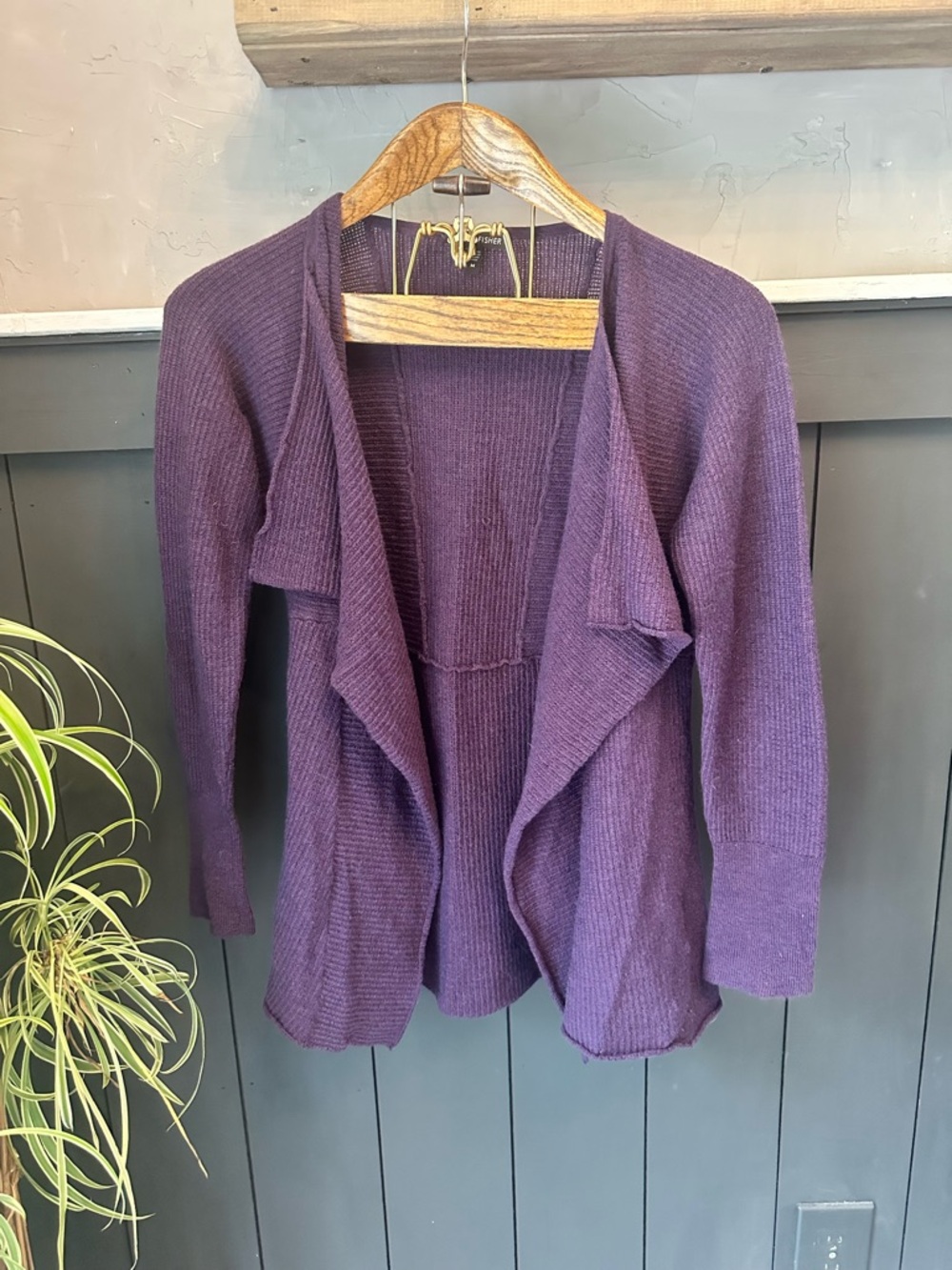 Eileen Fisher‎ Merino Wool Cardigan Size Medium Deep Purple Open Front Sweater
